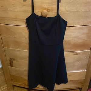 Blue blush black skater style dress, spaghetti straps and scallop hem, EUC